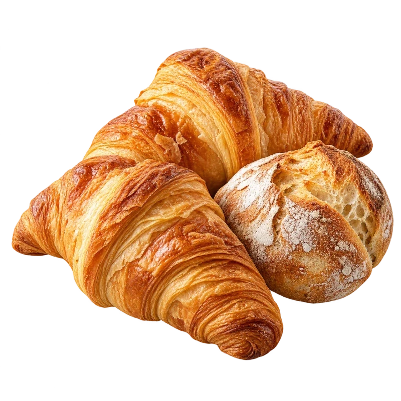 Two golden croissants and a crusty bread roll