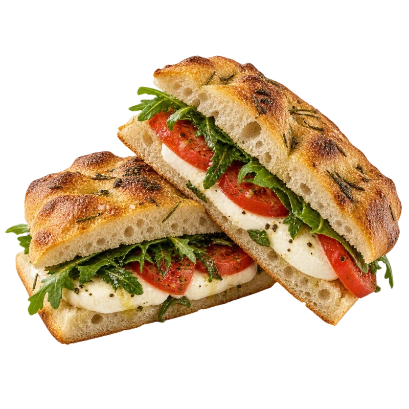Two focaccia sandwich halves with tomato, mozzarella and greens