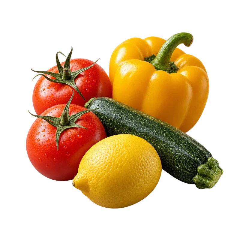 Tomatoes, yellow pepper, courgette and lemon