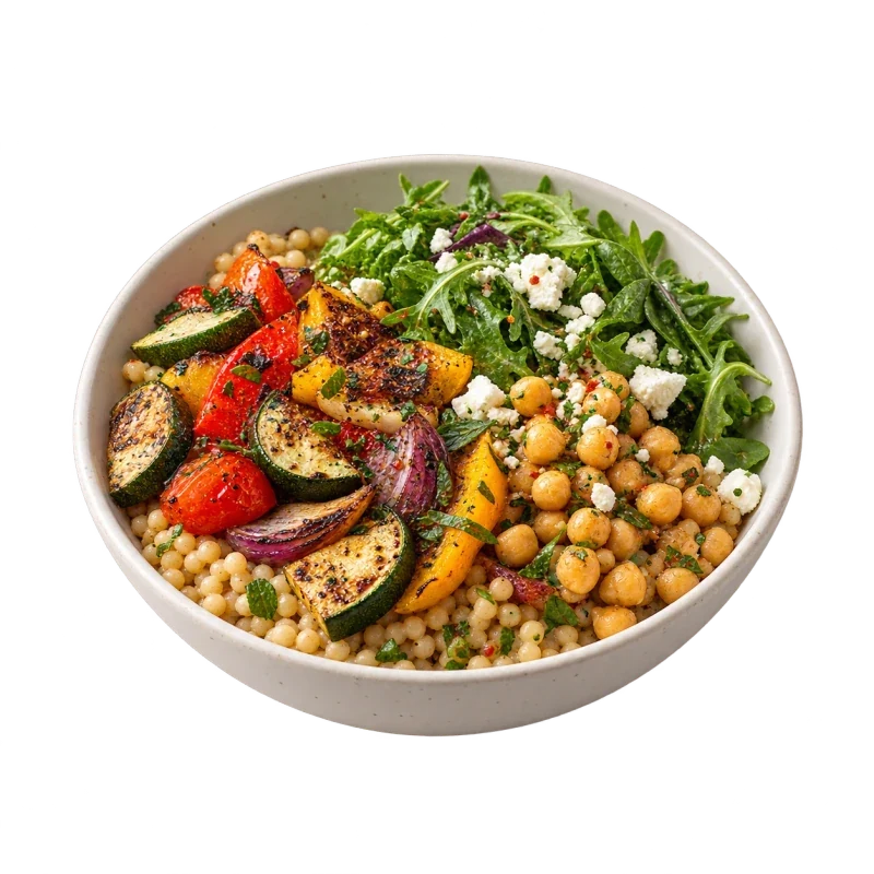 Mediterranean lunch bowl with vegetables, grains and chickpeas